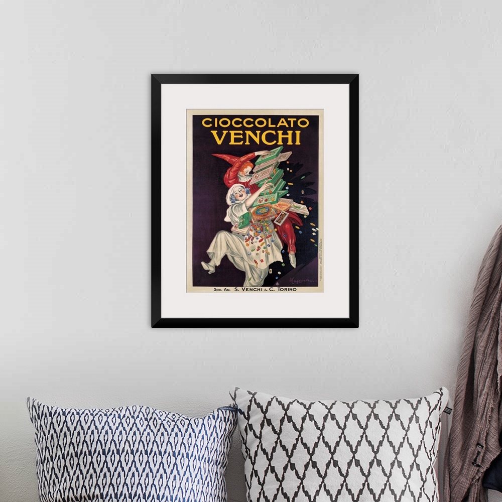 A bohemian room featuring Vintage advertisement of clowns for Venchi, an Italian gourmet chocolate manufacturer.
