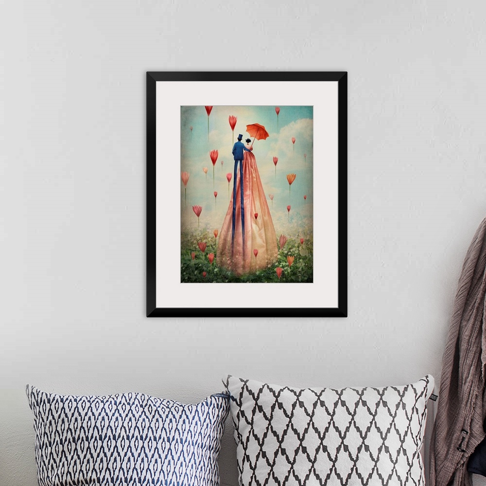 A bohemian room featuring A contemporary painting of a couple walking through a filed with flowers floating in the air.