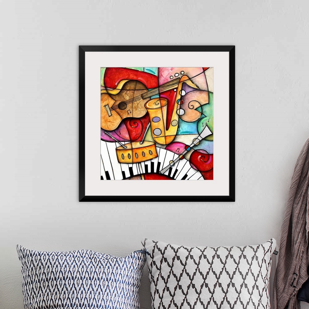 A bohemian room featuring Square artwork on a giant canvas of a grouping of illustrated jazz instruments, including the sax...