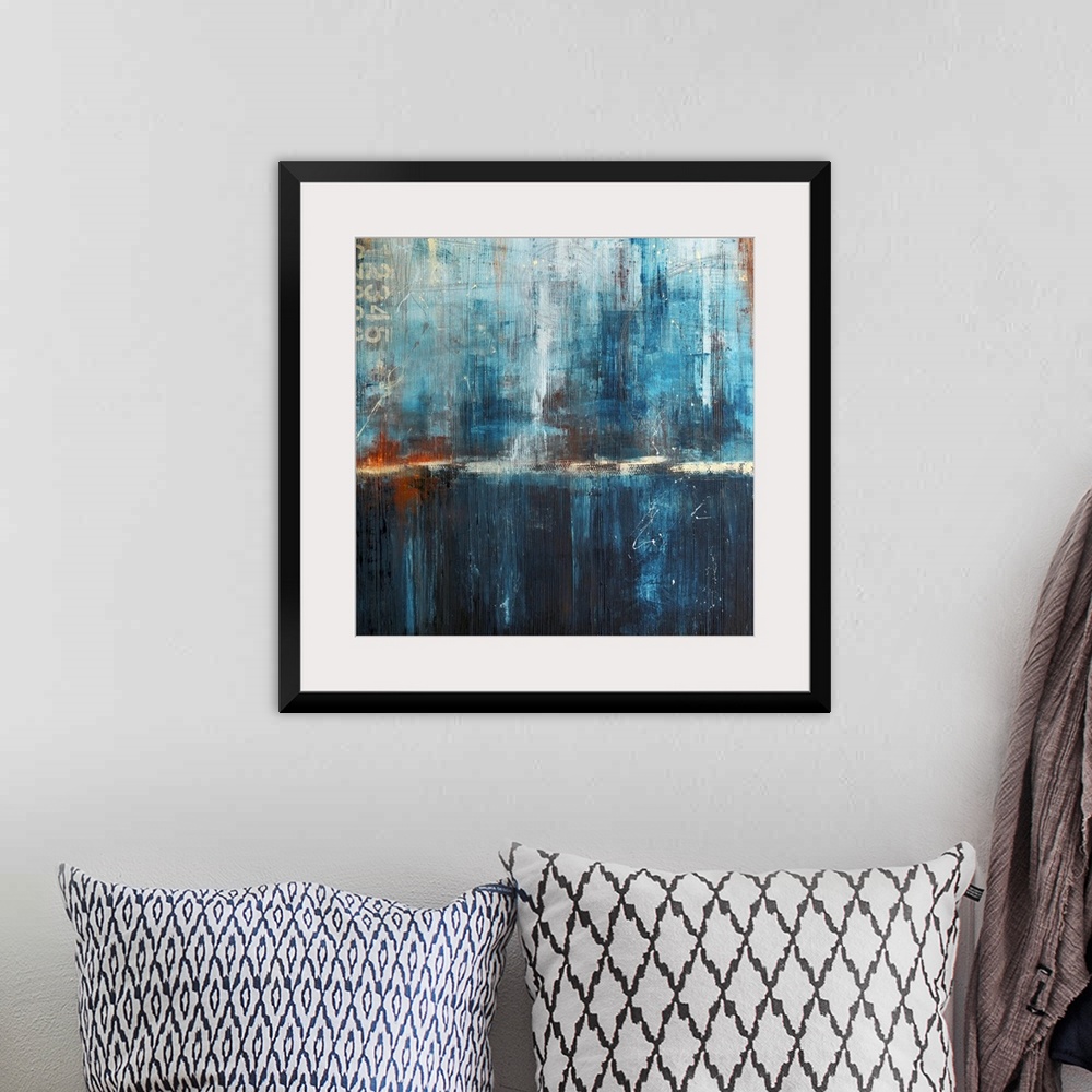 A bohemian room featuring Abstract canvas art of cool tones with heavy brush textures.
