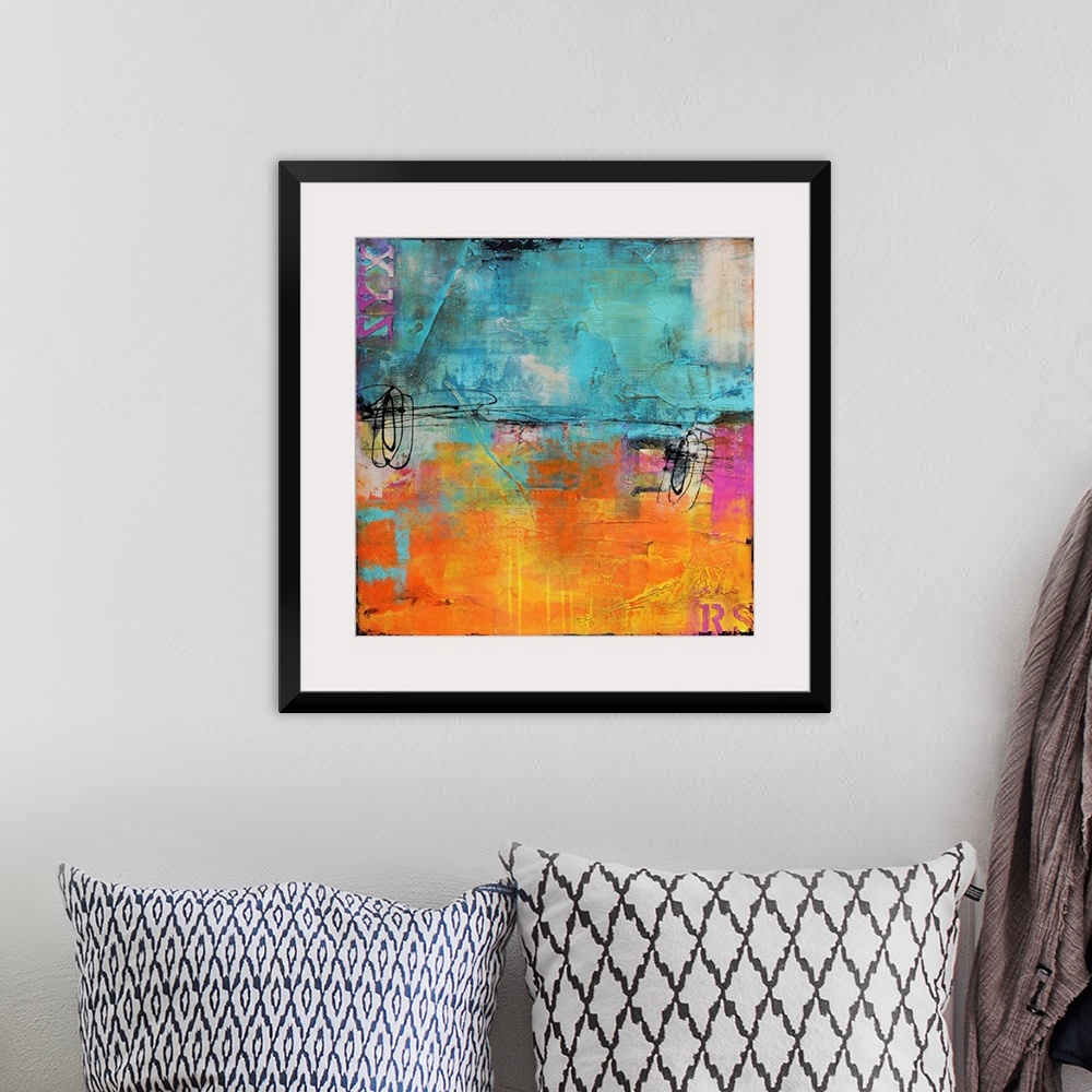A bohemian room featuring Giant abstract art almost evenly broken into two horizontal rectangles composed of two cool tones...