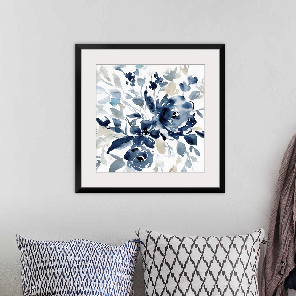 A bohemian room featuring Square watercolor painting of flowers with indigo, gray, and tan hues.