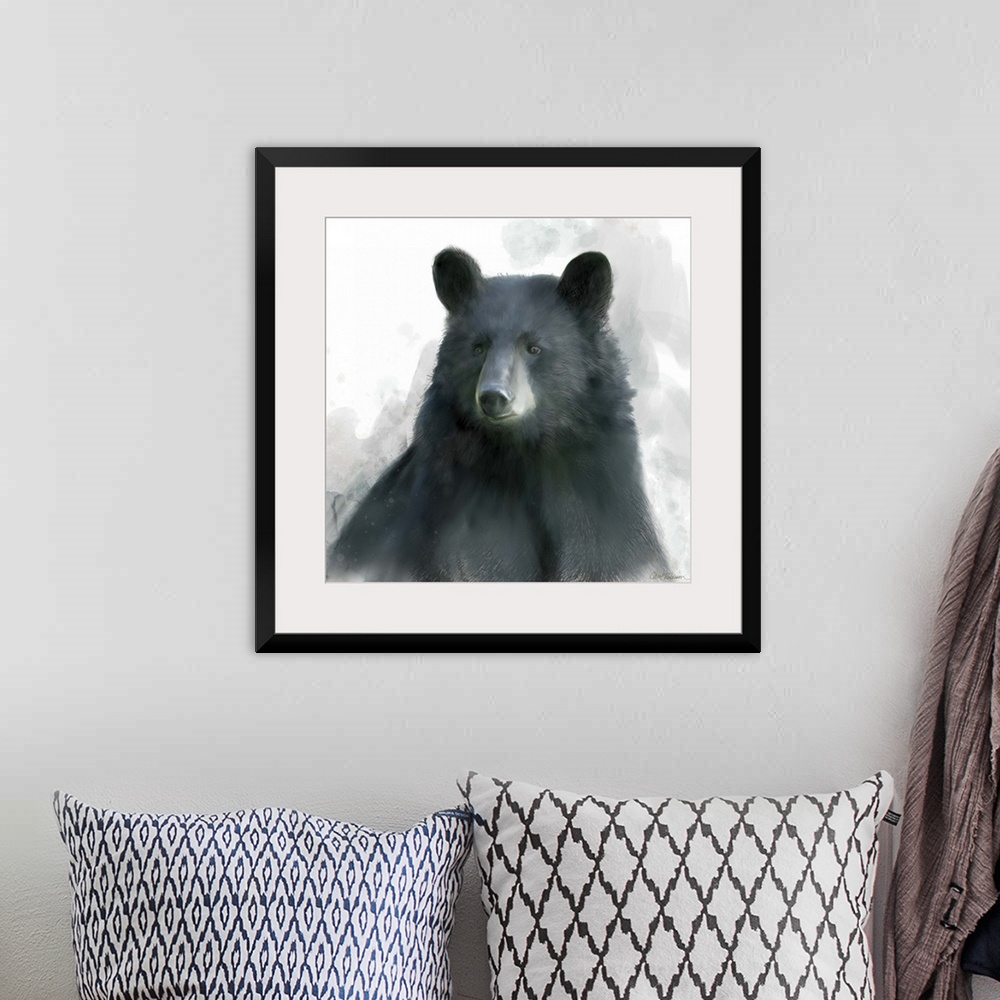 A bohemian room featuring Watercolor portrait of a black bear on white.