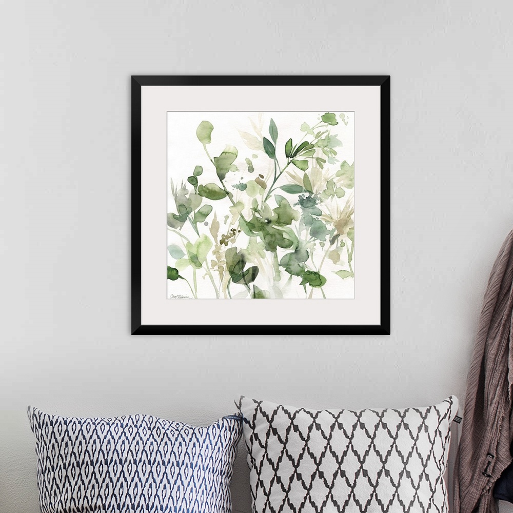 A bohemian room featuring Square watercolor painting of an abstract garden with flowers and vegetation in shades of green, ...