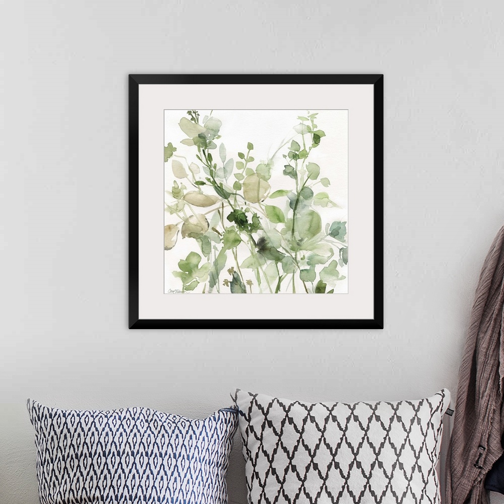 A bohemian room featuring Square watercolor painting of a sage garden in shades of green and beige on a white background.