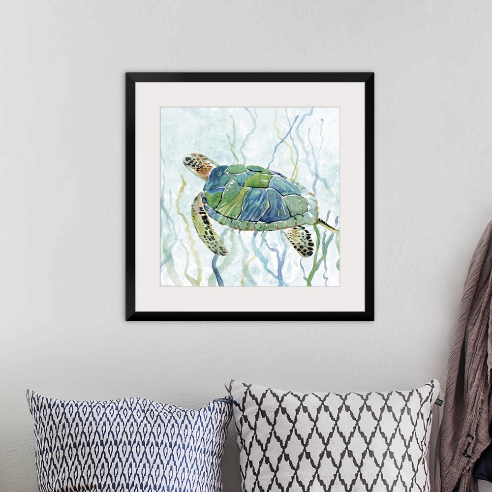 A bohemian room featuring Square watercolor painting of a sea turtle swimming amongst seaweed in shades of blue and green.