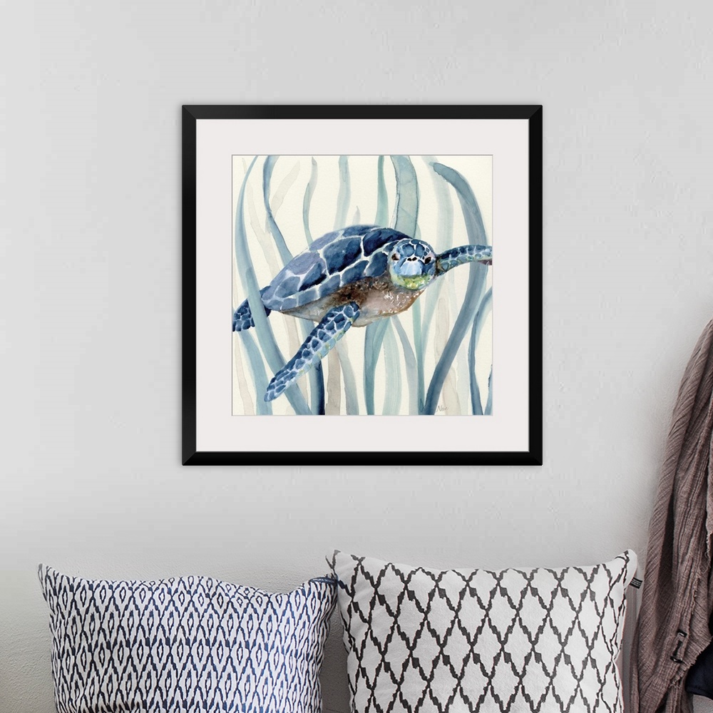 A bohemian room featuring Square watercolor painting of a sea turtle  swimming through seagrass in shades of blue.