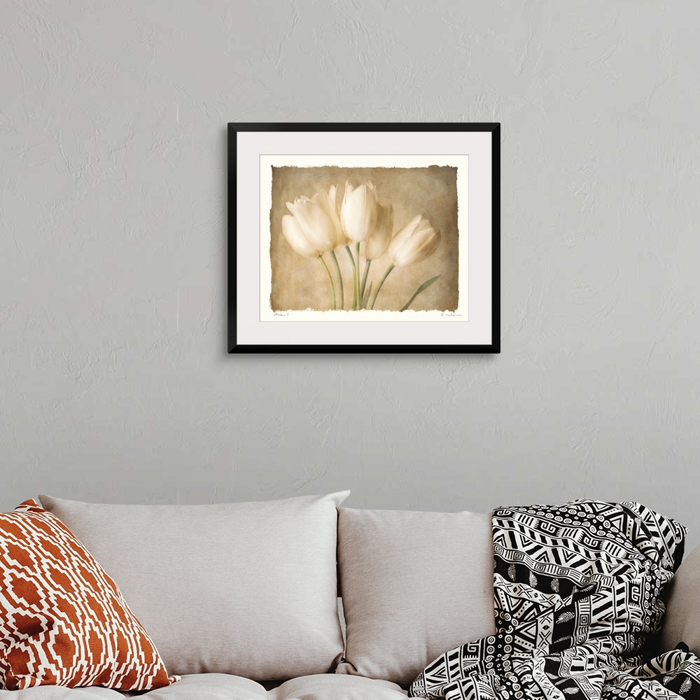 A bohemian room featuring Decorative painting of a small bouquet of tulips in subtle, neutral tones, on a white background.
