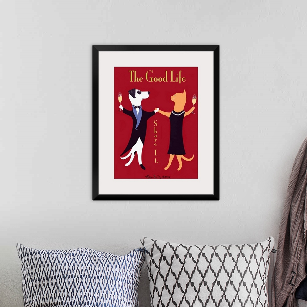 A bohemian room featuring Huge retro art composed of a dog in a tuxedo and a cat in a dress enjoying a glass of champagne w...