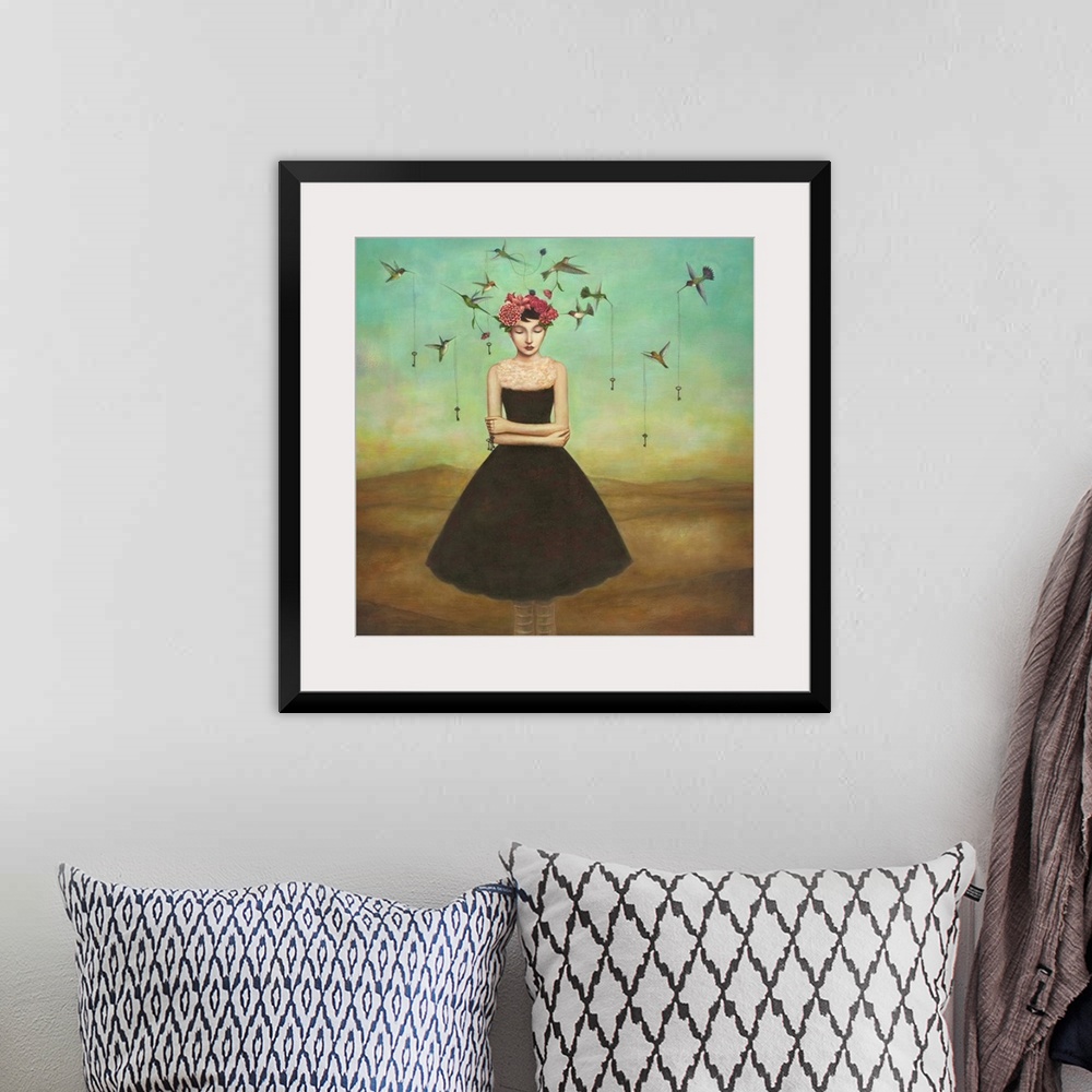 A bohemian room featuring Contemporary surreal artwork of a woman with a flower crown and small birds circling her.
