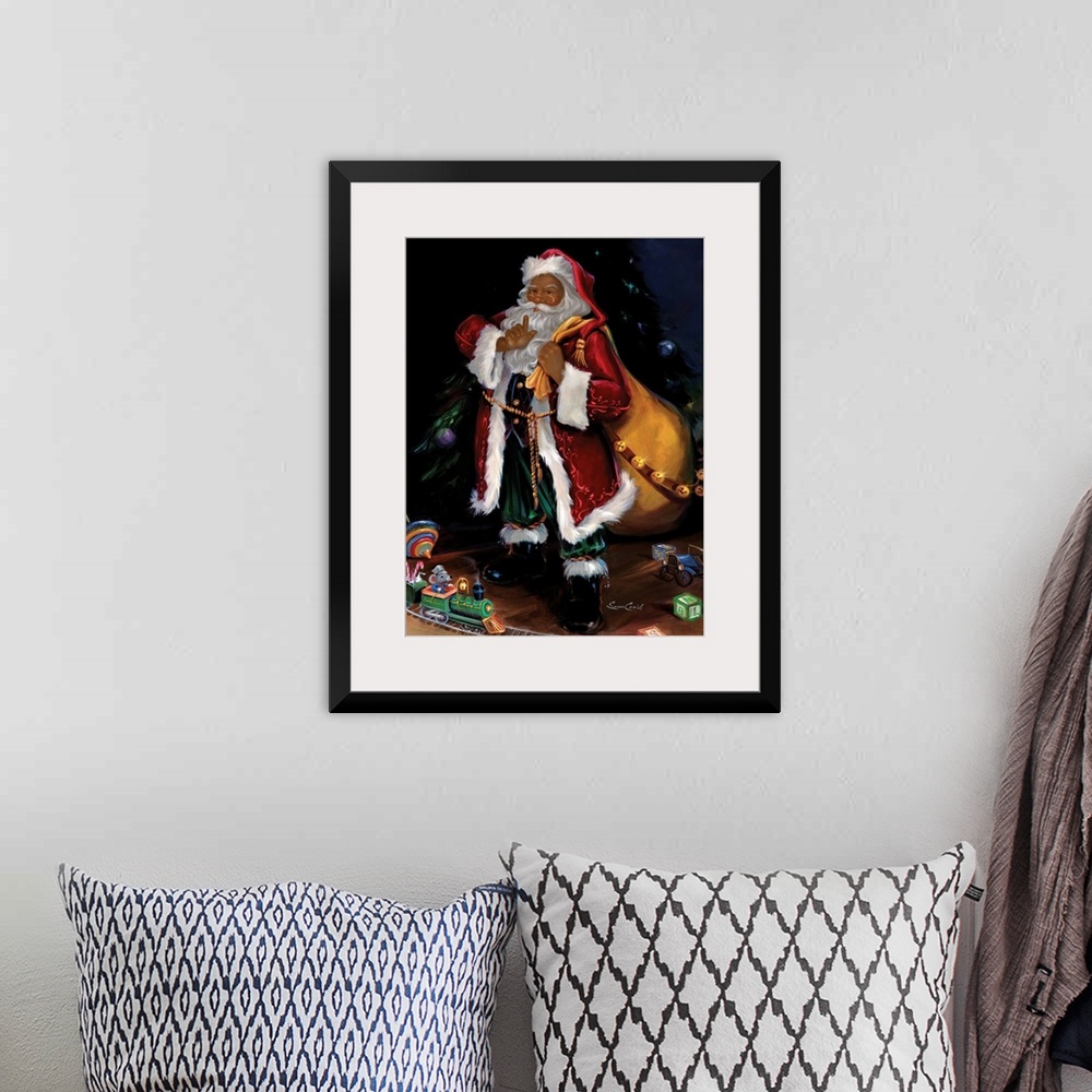 A bohemian room featuring Fine art painting of Santa Claus holding a bag with toys on the floor.