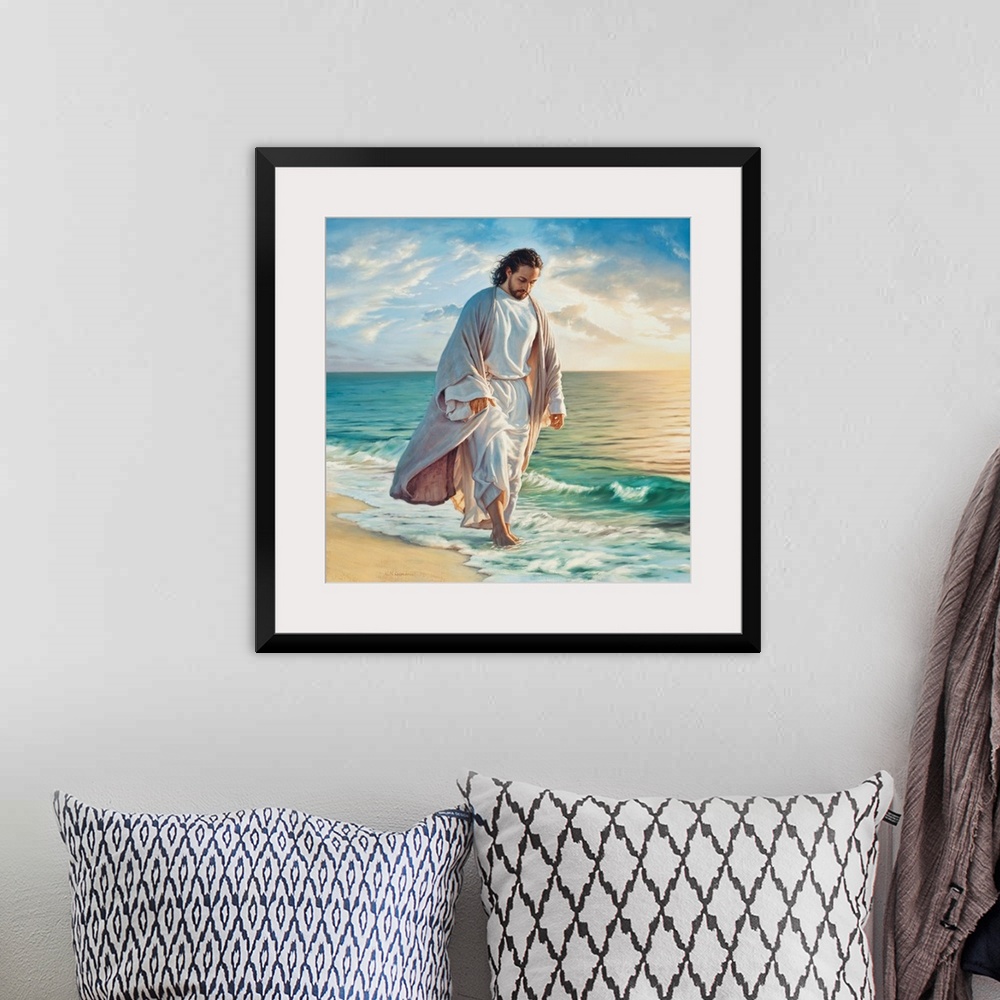 A bohemian room featuring Fine Art painting of Jesus walking in the edge of the surf on a beach.
