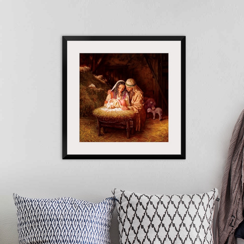A bohemian room featuring Fine art painting of Mary and Joseph holding Jesus over a manger in a barn with animals and hay.