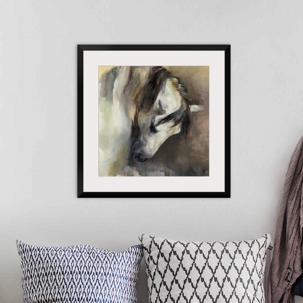 A bohemian room featuring Square abstract painting of a horse in neutral colors.