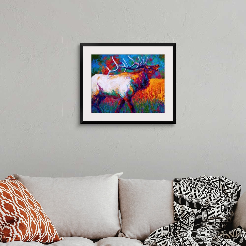 A bohemian room featuring Contemporary painting of an elk with a large set of antlers done in a wide array of bold colors.