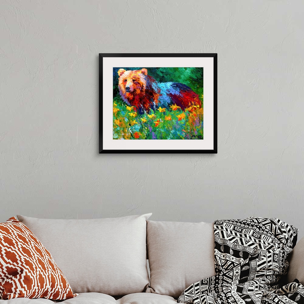 A bohemian room featuring Impressionalistic painting of a large bear in the middle of a field of flowers with a forest in t...