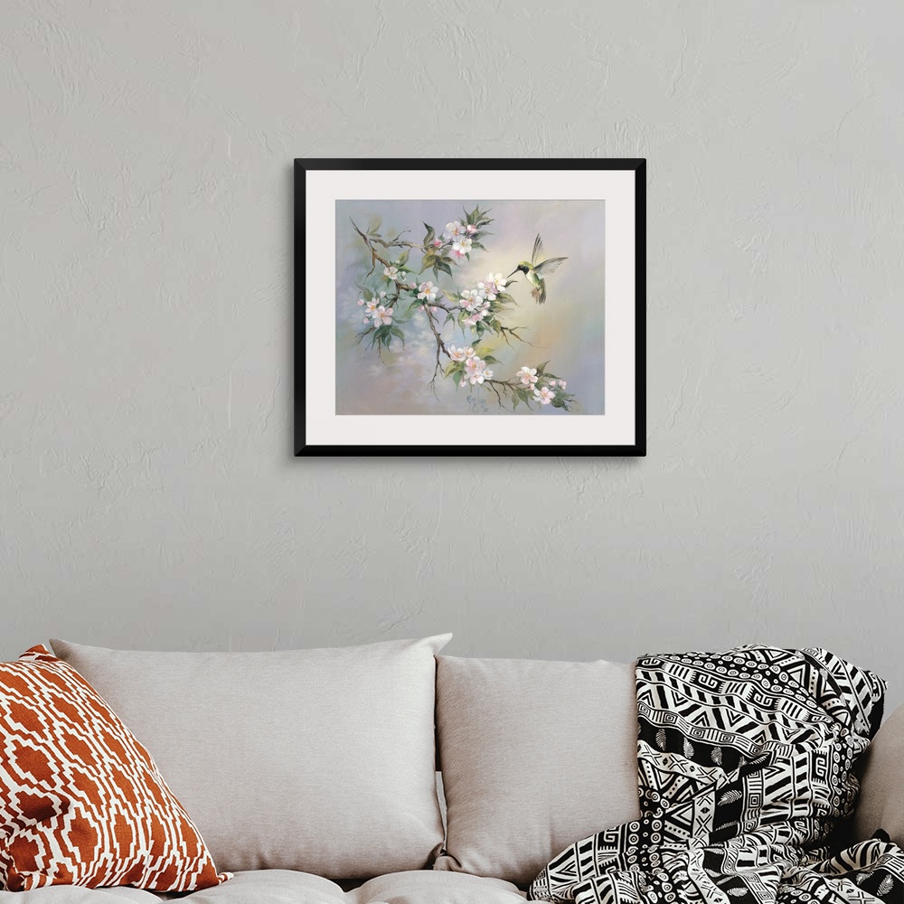 A bohemian room featuring Contemporary whimsical artwork of a hummingbird at a flowering branch.