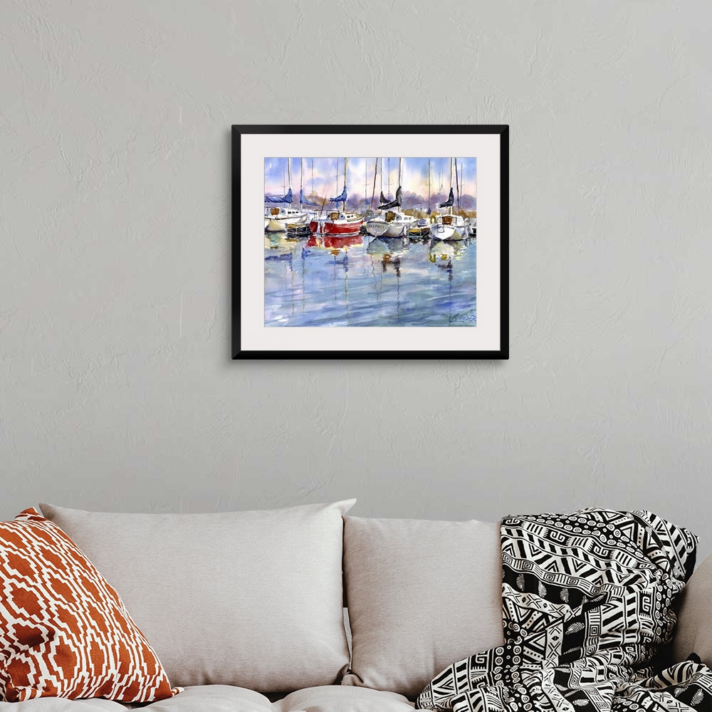 A bohemian room featuring Contemporary piece using water colors to paint sail boats that sit docked at the marina.