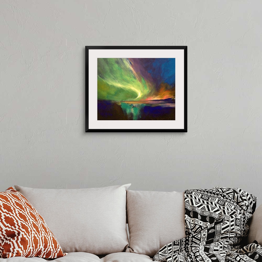 A bohemian room featuring A landscape wall hanging of the Northern Lights sweeping across the night sky and reflecting in t...
