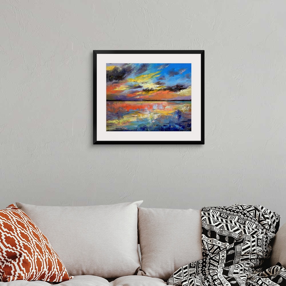 A bohemian room featuring A large wall painting that illustrates a colorful sunset in Key West, Florida.  The texture of th...