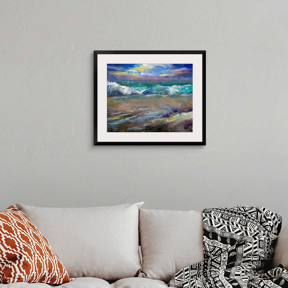 A bohemian room featuring Gicloe print on canvas of a dramatic seascape under the moon of waves on a beach painted using a ...