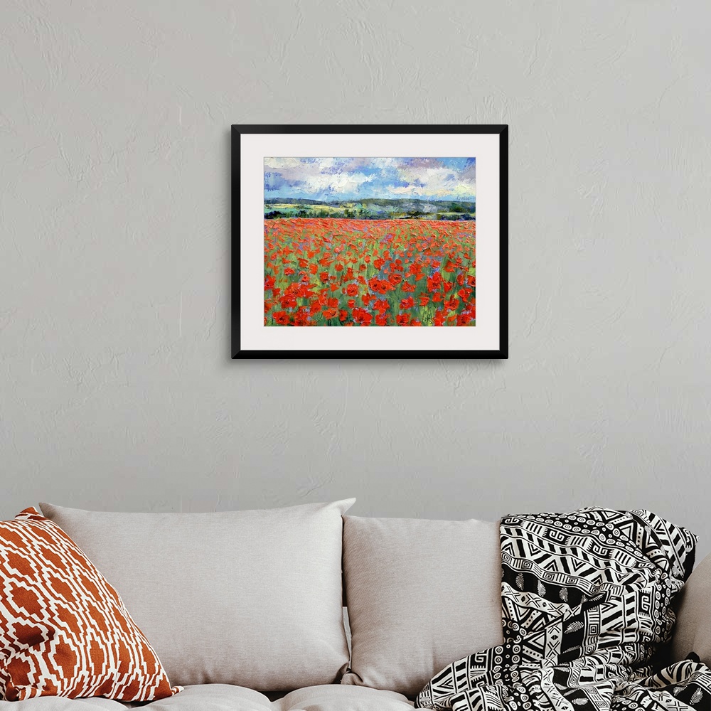 A bohemian room featuring A contemporary plein air landscape painting of a meadow of poppies on a sunny day.