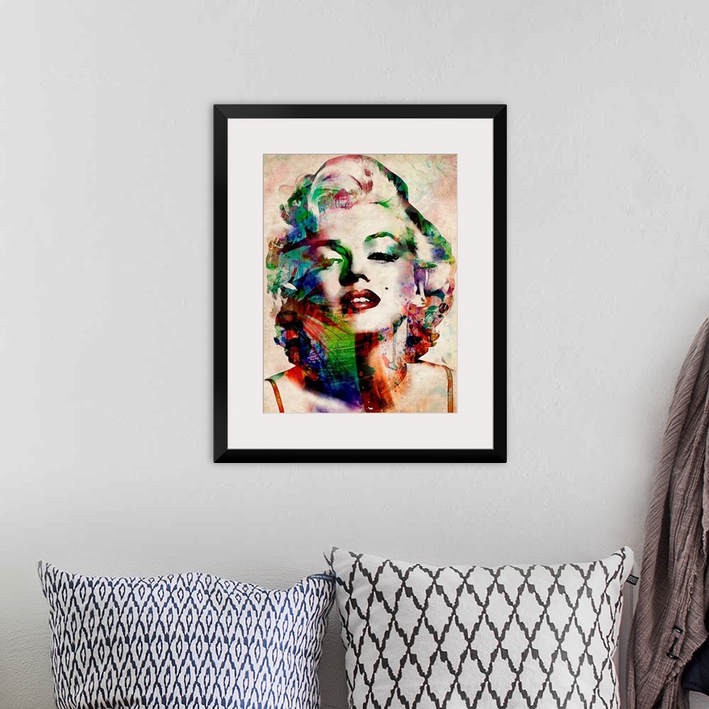 A bohemian room featuring Contemporary art of Marilyn Monroe with abstract colors on a distressed background.