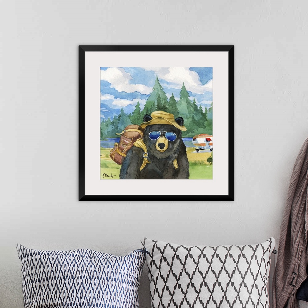 A bohemian room featuring Square watercolor painting of a black bear with camping gear outside in the wilderness.