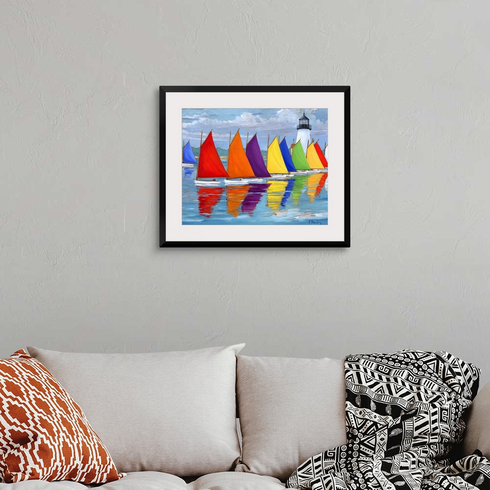 A bohemian room featuring Contemporary painting of a row of multi-colored sailboats on the water, near a lighthouse.