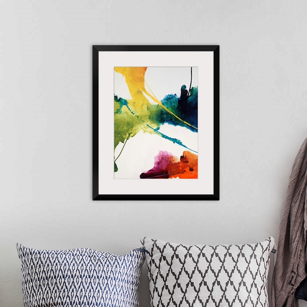 A bohemian room featuring Contemporary watercolor painting of several multicolored masses with thin streaks of paint over a...