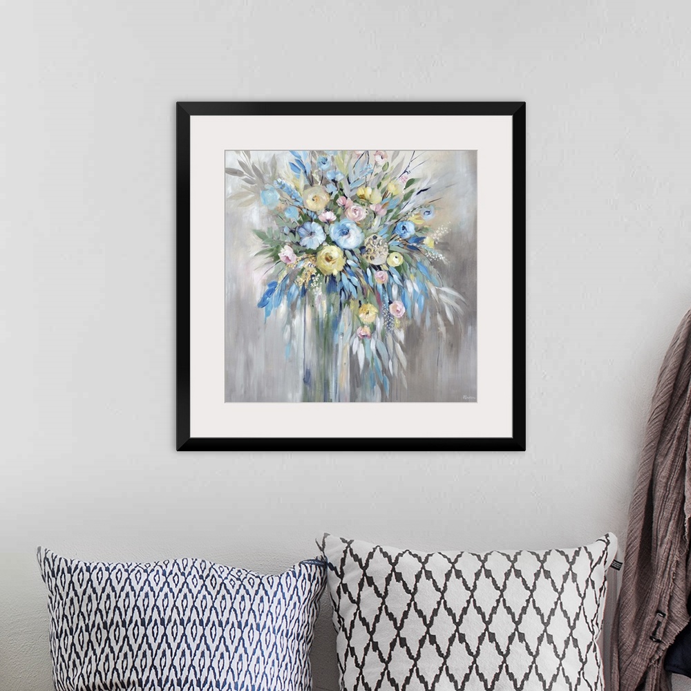 A bohemian room featuring Contemporary abstract painting of a floral arrangement with with blue, yellow, and pale pink flow...