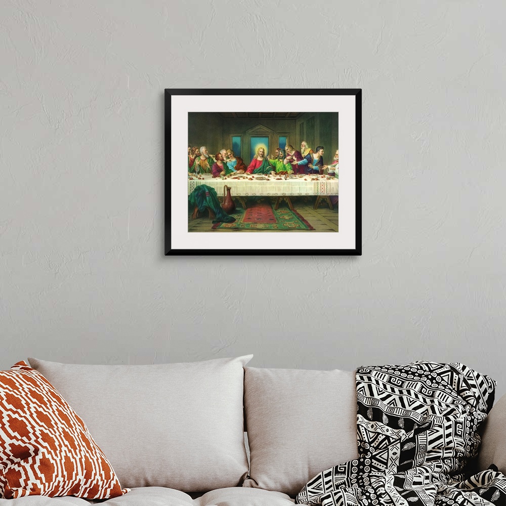 A bohemian room featuring Religious painting depicting Jesus and the last supper.