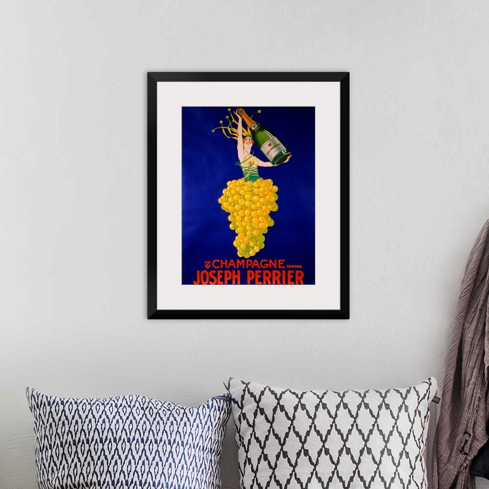A bohemian room featuring This large vintage poster shows a person in a bushel of grapes holding a large champagne bottle. ...