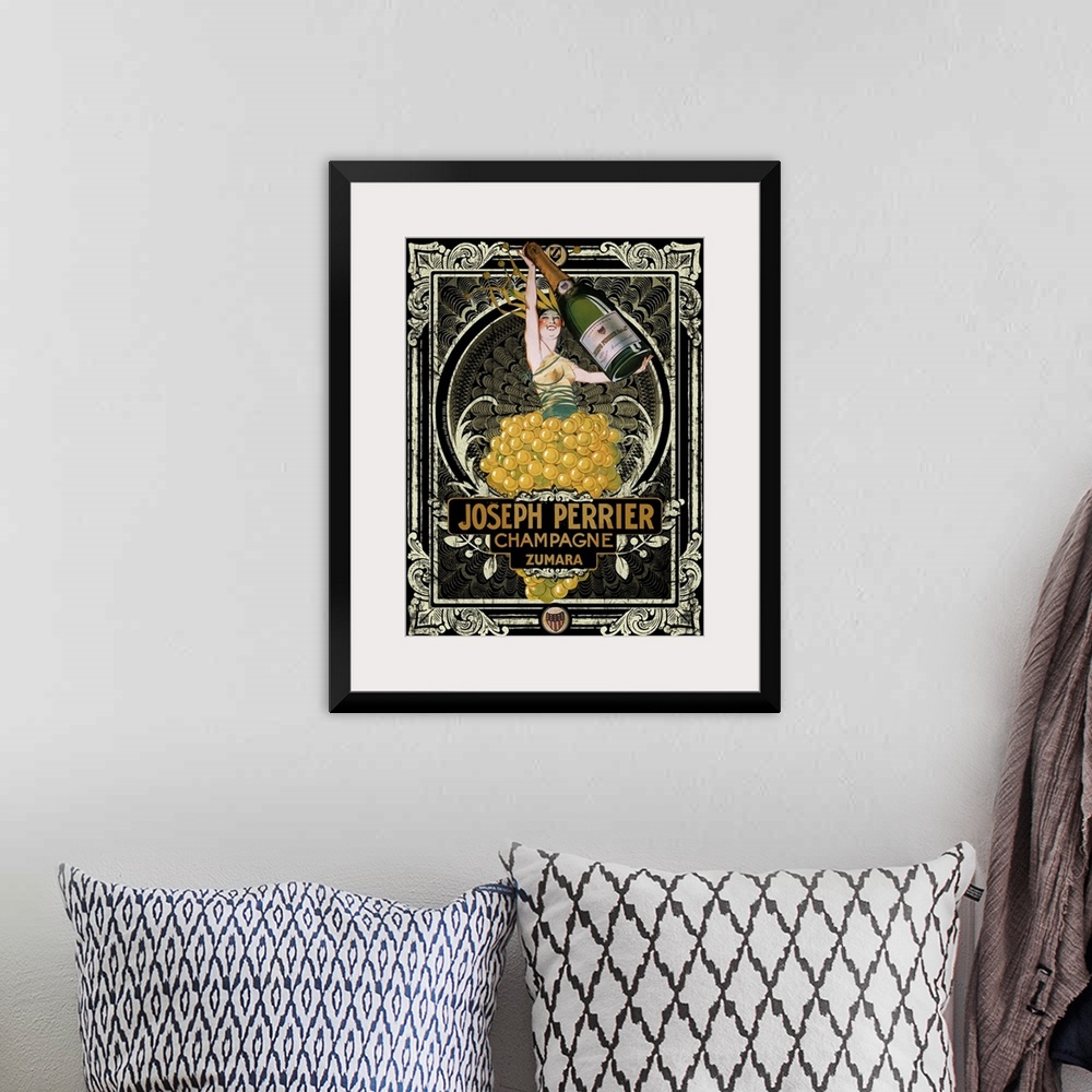 A bohemian room featuring Vintage poster of a person holding up a life size bottle of champagne as they stand in a bushel o...