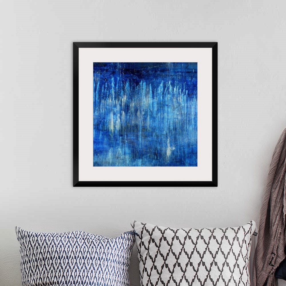 A bohemian room featuring Big, landscape, abstract painting in blue tones of light vertical streaks in transitioning blue t...