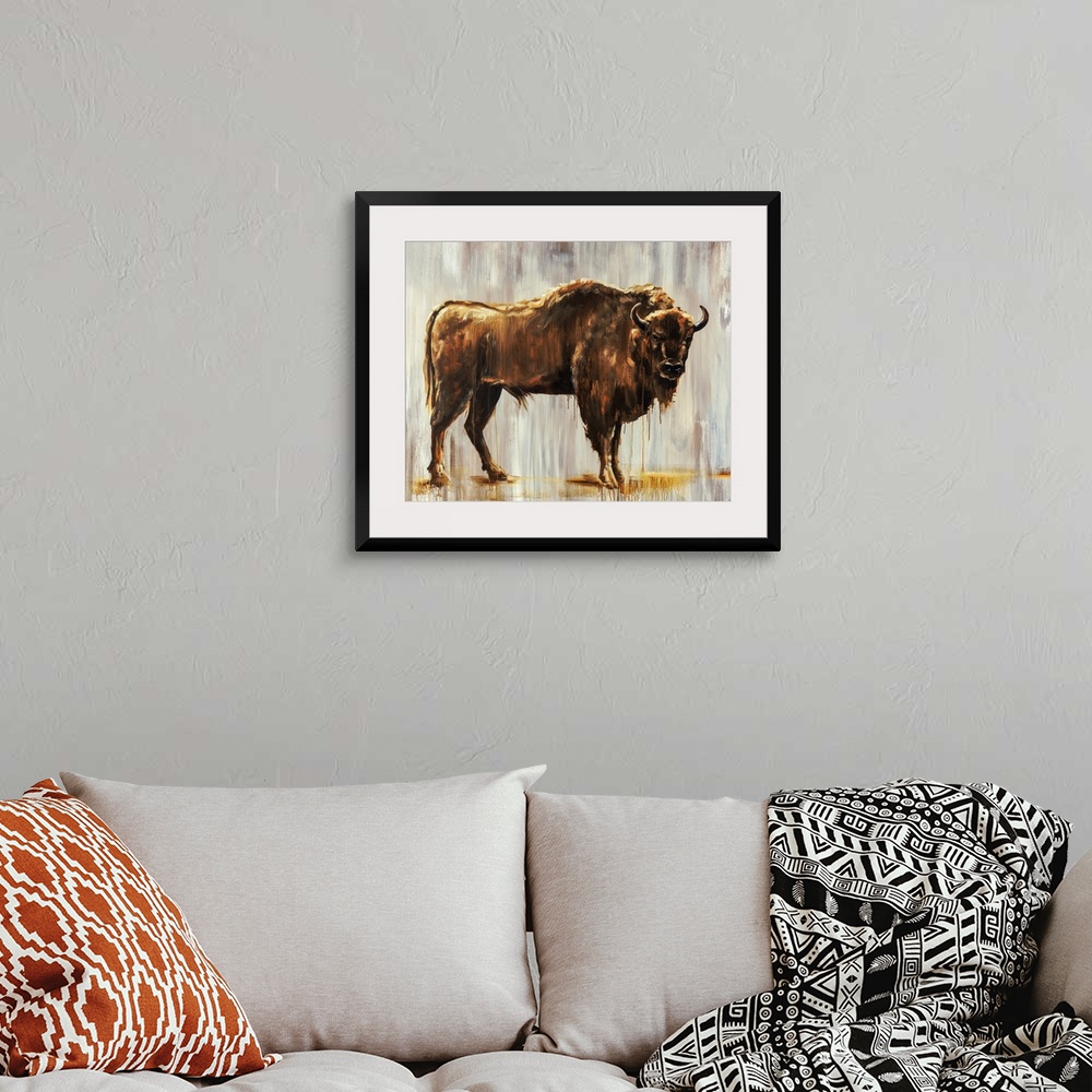 A bohemian room featuring Contemporary portrait of a bison in front of a gray-streaked background.