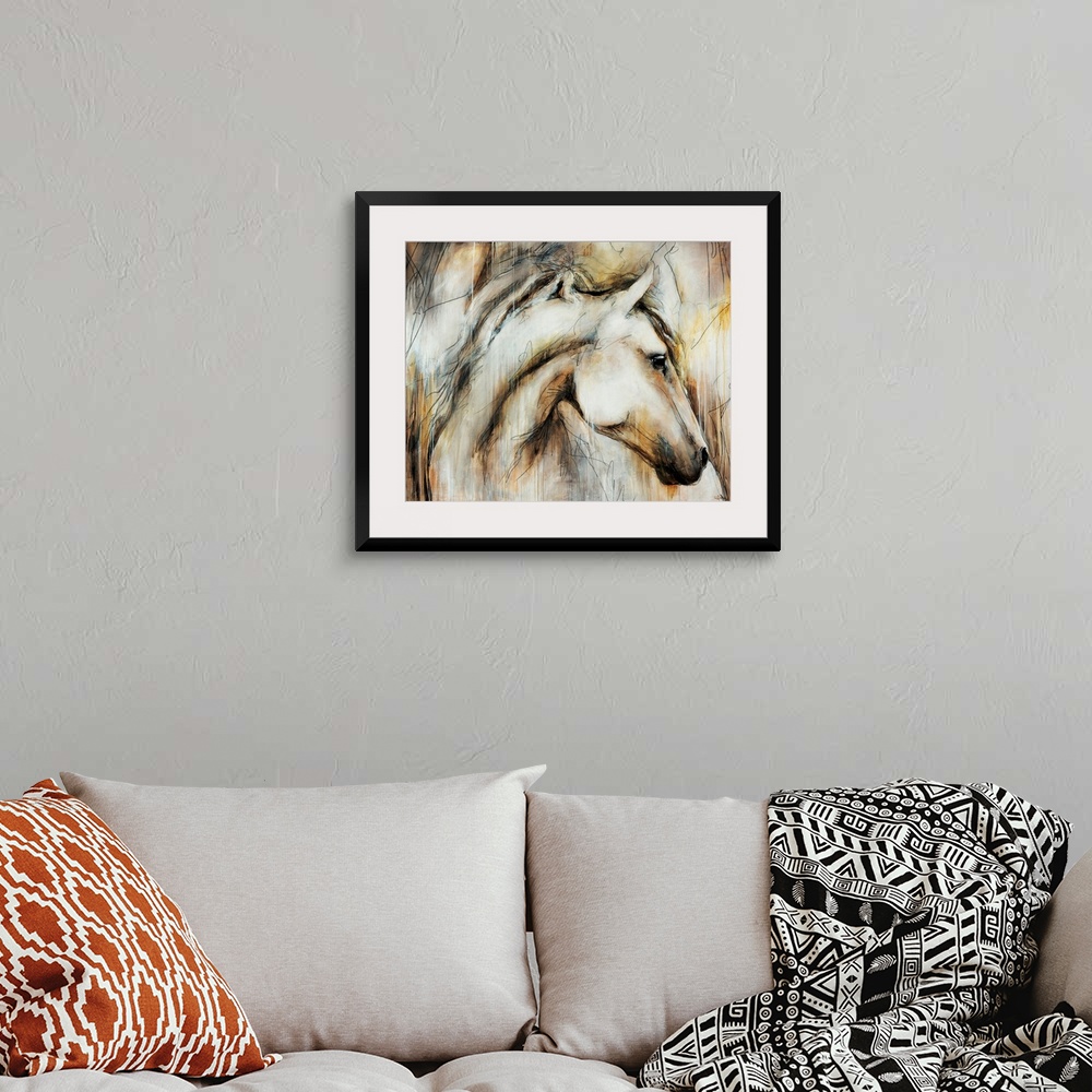 A bohemian room featuring Elegant painting of a horse done in muted earth tones.