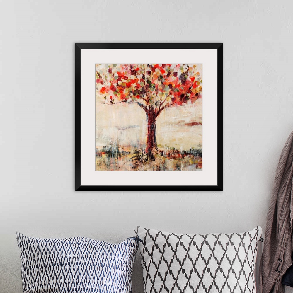 A bohemian room featuring Abstract landscape painting feature a tree done in vibrant, candy-like colors.