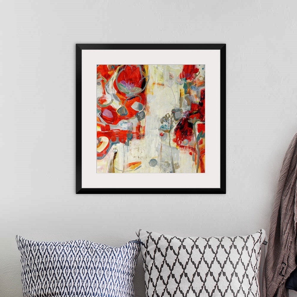 A bohemian room featuring Contemporary abstract painting featuring vibrant colors and fluid shapes reminiscent of the celeb...