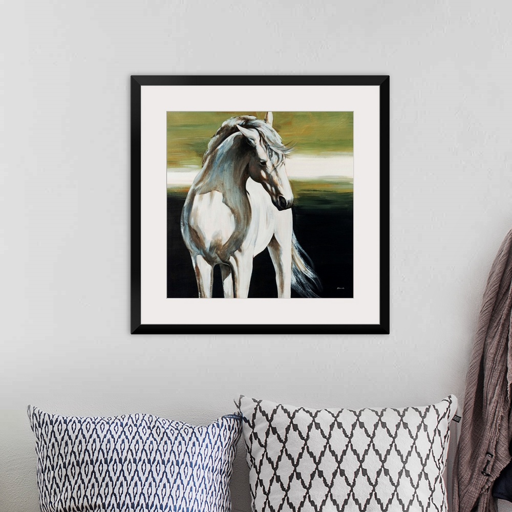 A bohemian room featuring Square, big painting of a partially shadowed, white horse from the knees up, standing forward wit...
