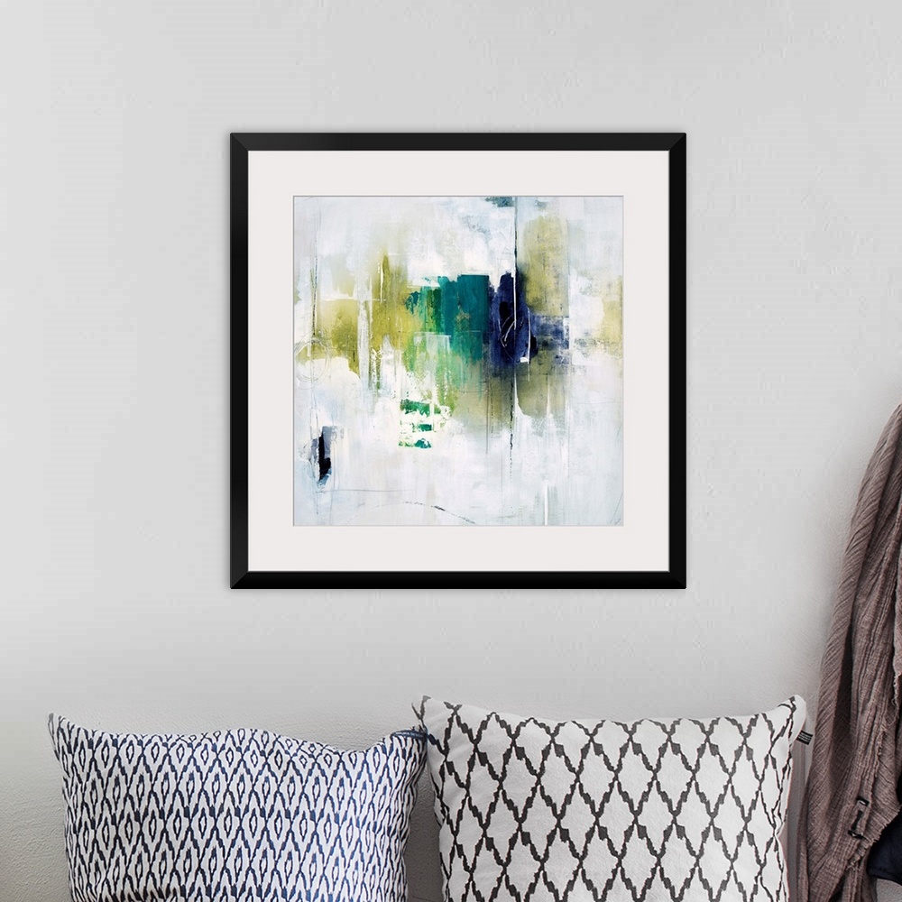 A bohemian room featuring Abstract painting using vivid green and blue tones in gradients on a neutral background.