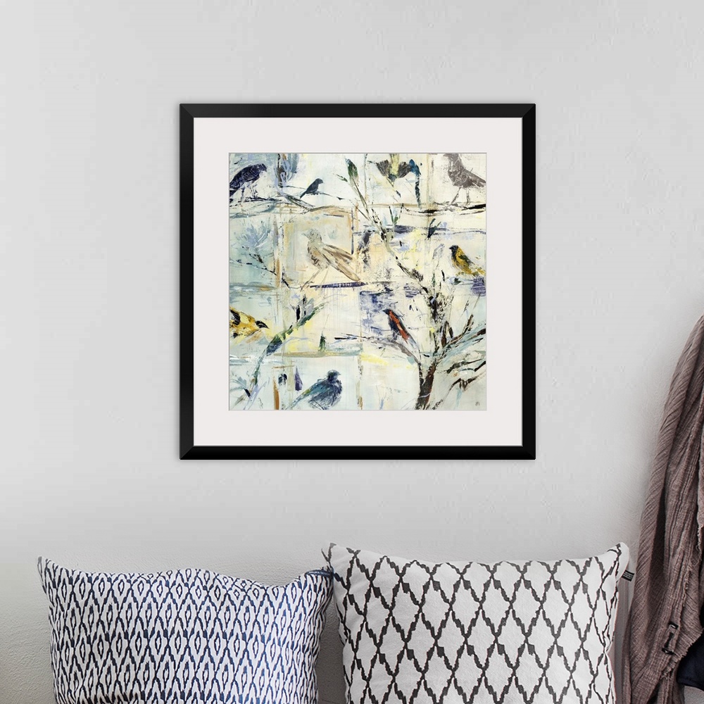 A bohemian room featuring Contemporary painting of various abstracted birds against a cool cream background.