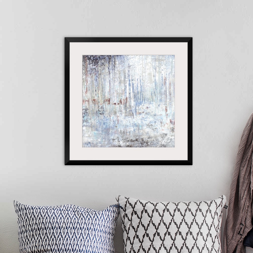 A bohemian room featuring Contemporary abstract painting using muted tones of gray.