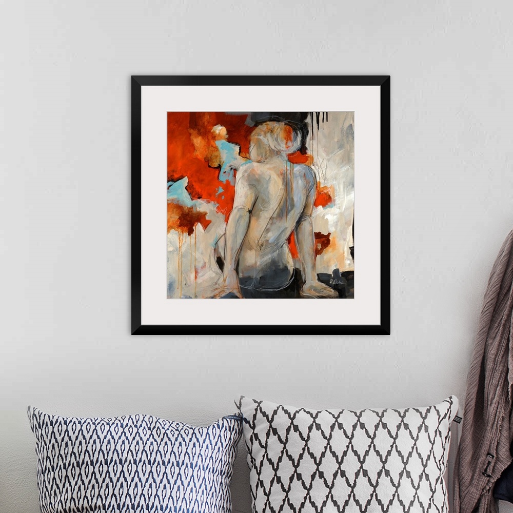 A bohemian room featuring Figurative art work of a female nude from behind and abstract background. This square wall art wo...