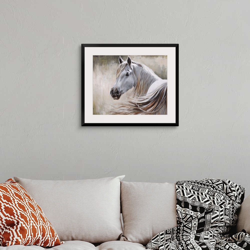 A bohemian room featuring Contemporary painting of a white horse and its flowing mane in front of a neutral background.