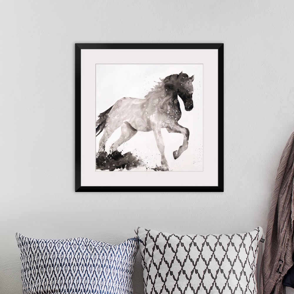 A bohemian room featuring Silhouette of a horse with its front leg up in shades of black and gray on a white, square backgr...