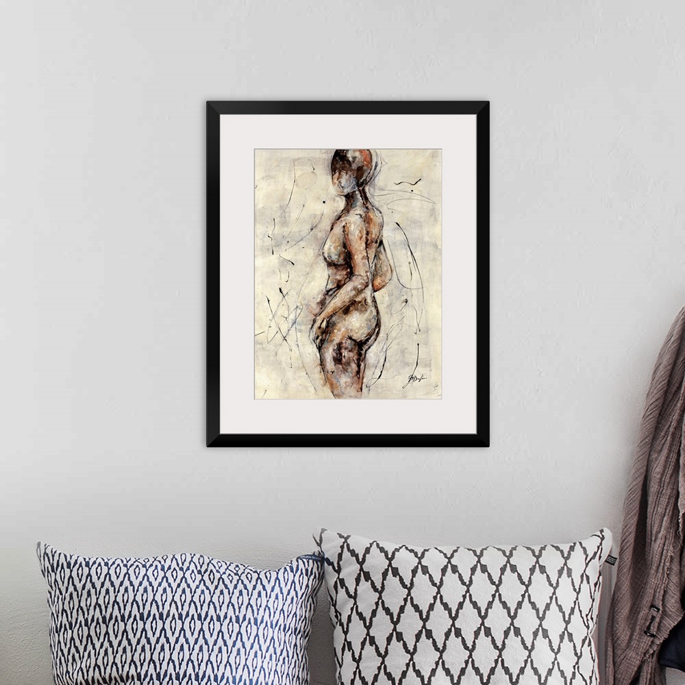 A bohemian room featuring Contemporary abstract painting of woman's figure void of any intricate details.