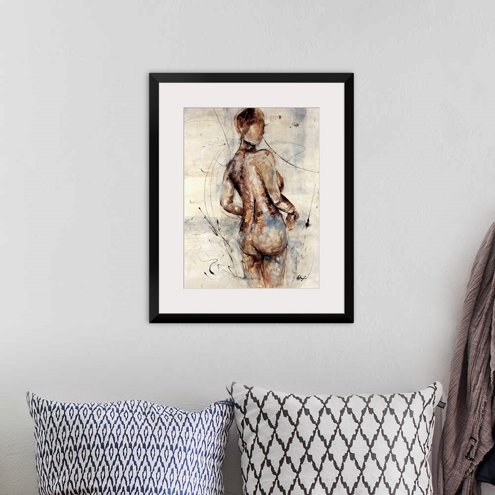A bohemian room featuring Drawing of a human shape in rough lines on a neutral background.