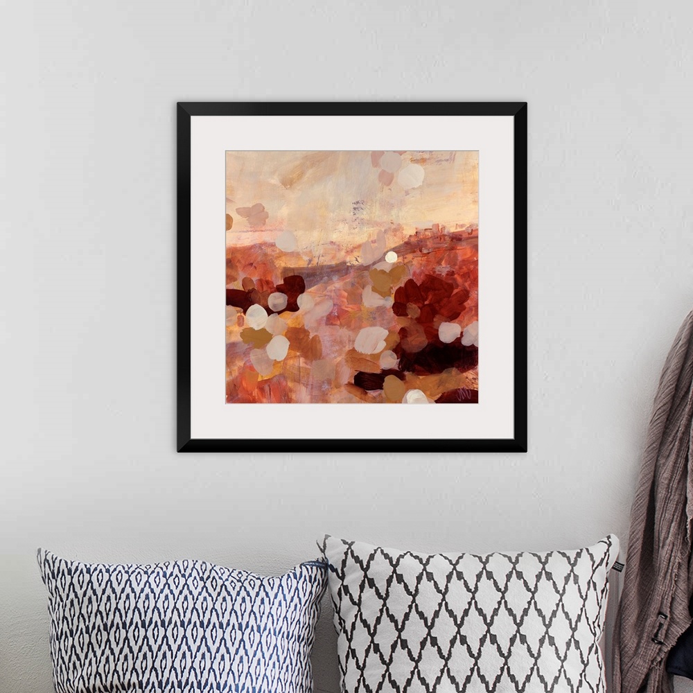 A bohemian room featuring Earth tone abstract painting of layered paint daubs on top of wide brush strokes.
