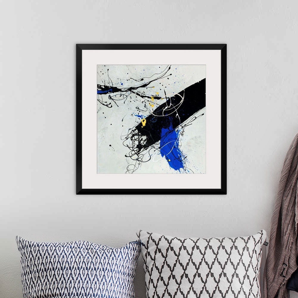 A bohemian room featuring Contemporary abstract painting of a large black brushstroke accented with electric blue and cool ...